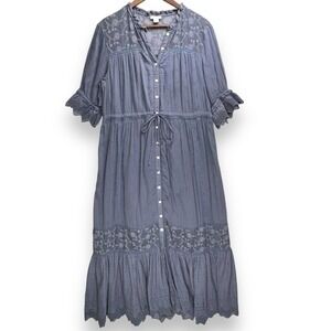 Sundance L Embroidered Maxi Dress 100% Cotton Eyelet Button Up Blue Cottagecore